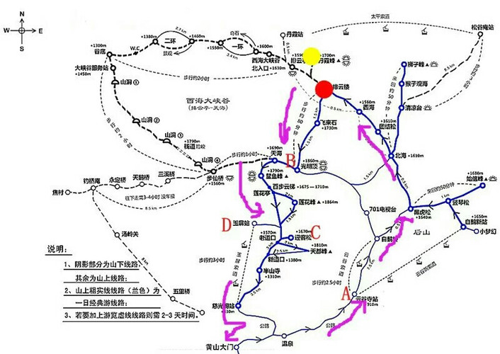 大家可以参照这两幅黄山线路图徒步