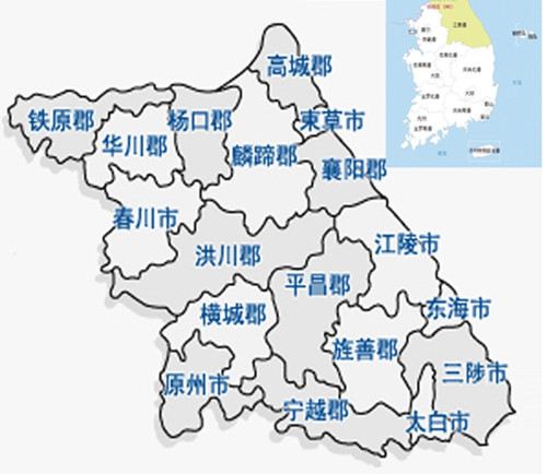 江原道地处韩国东北部,道所在地春川,共设7市11郡.总人口155.2万.