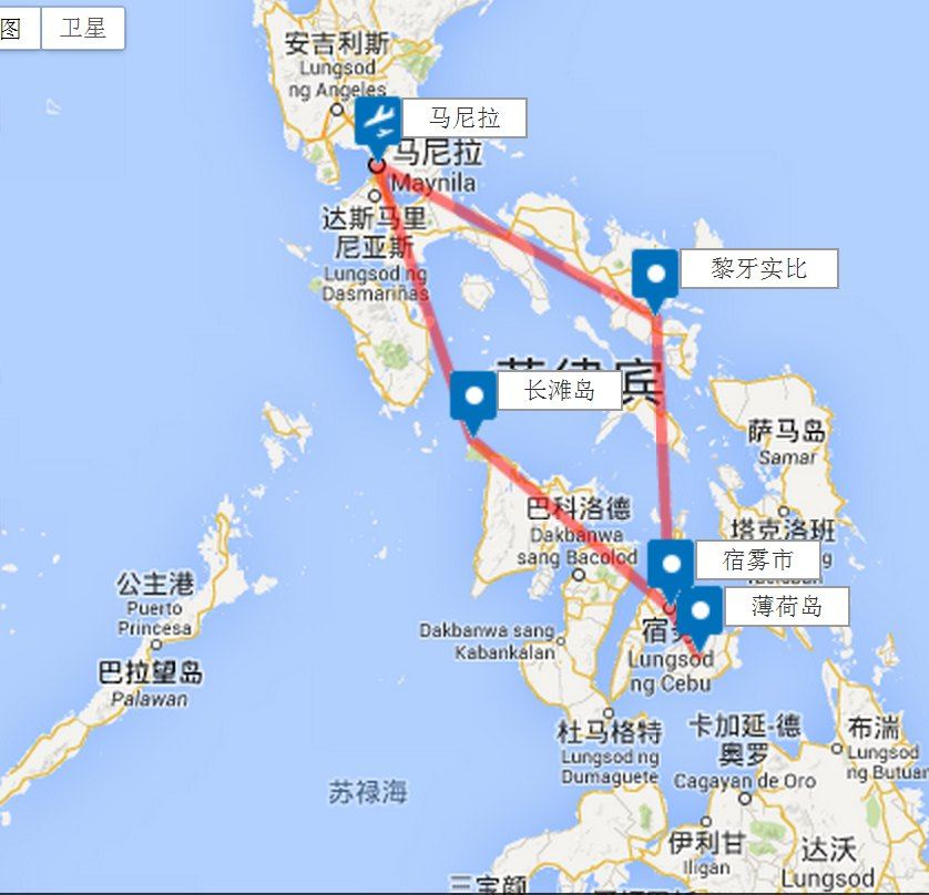 六飞机 两船的总行程地图,〔减少了 广州--马尼拉来回