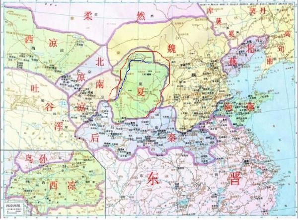 红色线条勾出的是赫连勃勃建立的大夏国,正是河套地区