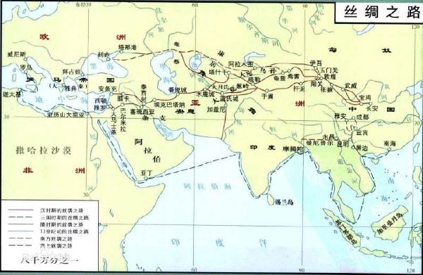 为南北两道,南道出阳关,经楼兰,于阗,莎车,穿越葱岭今帕米尔到大月氏