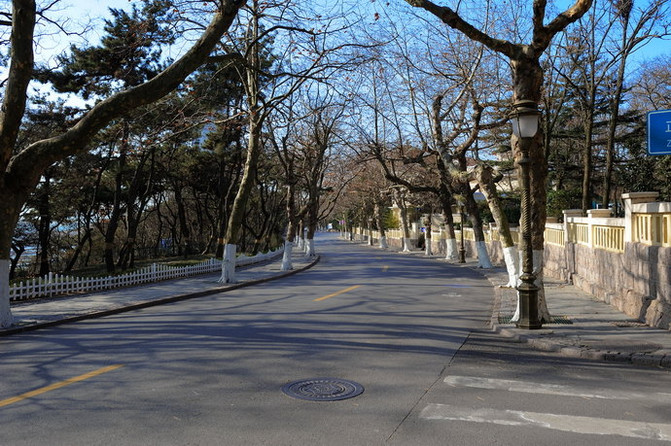 正阳关路,是八大关的交通主干道,车辆很多.路口可以看到远处的大海.